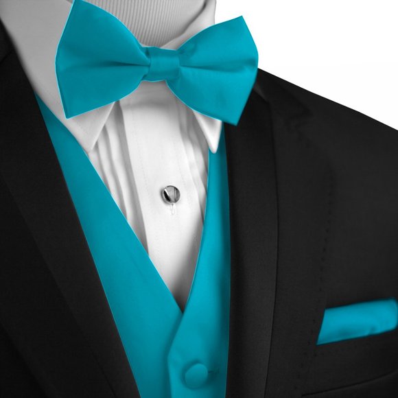 Men's Formal Wedding Prom Homecoming Tuxedo Vest Bow-Tie Hankie-Turquoise Satin - Picture 1 of 4